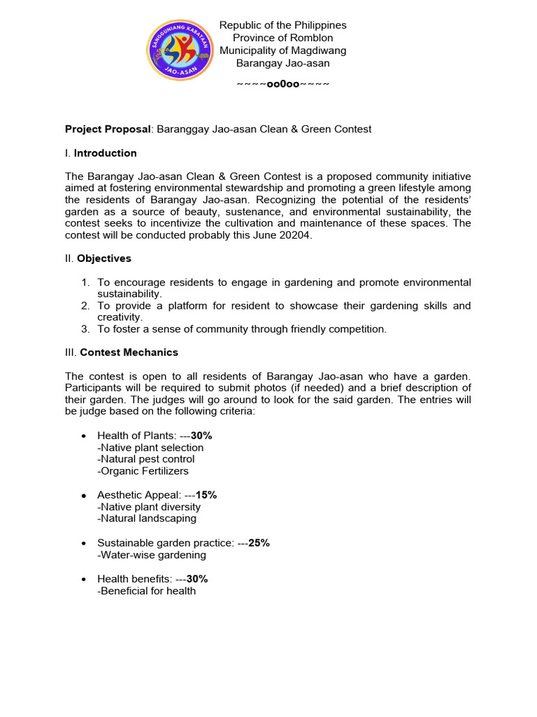 Barangay Jao-asan Clean & Green Contest | PDF | Sustainability ...