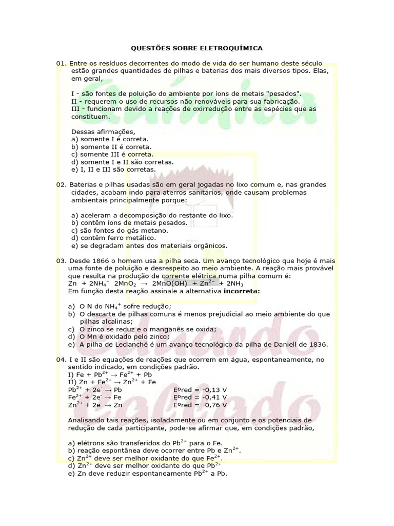 Questões de Eletroquímica e Meio Ambiente | PDF | Reações químicas ...