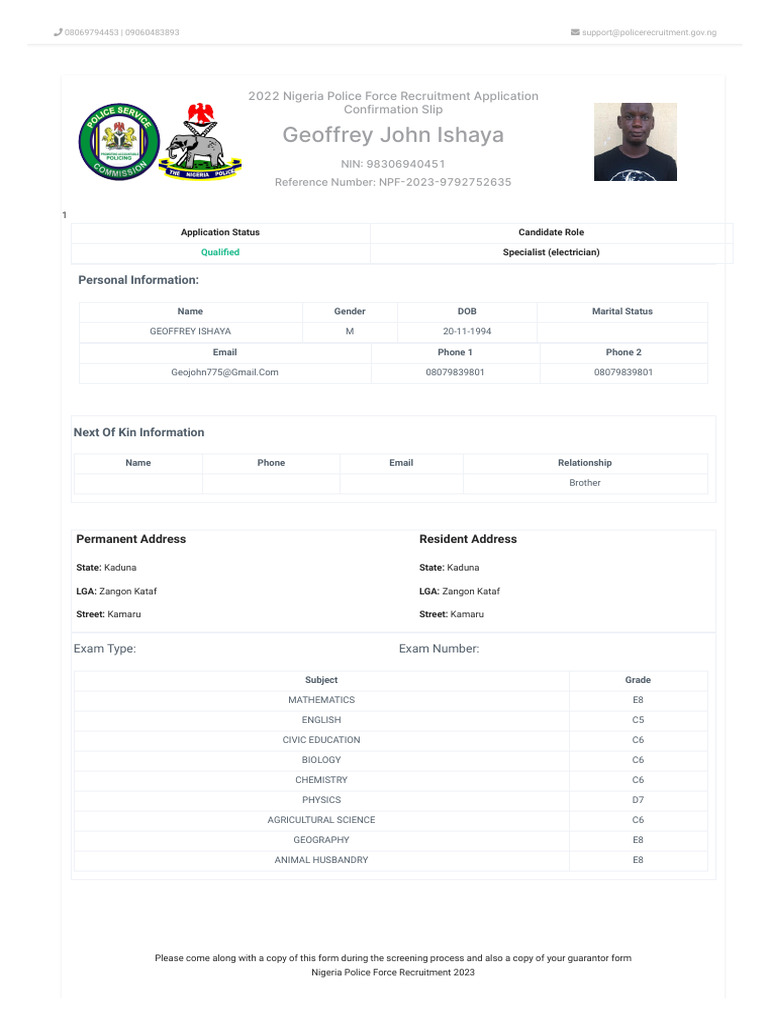 Nigeria Police Recruitment Confirmation Slip | PDF | Science