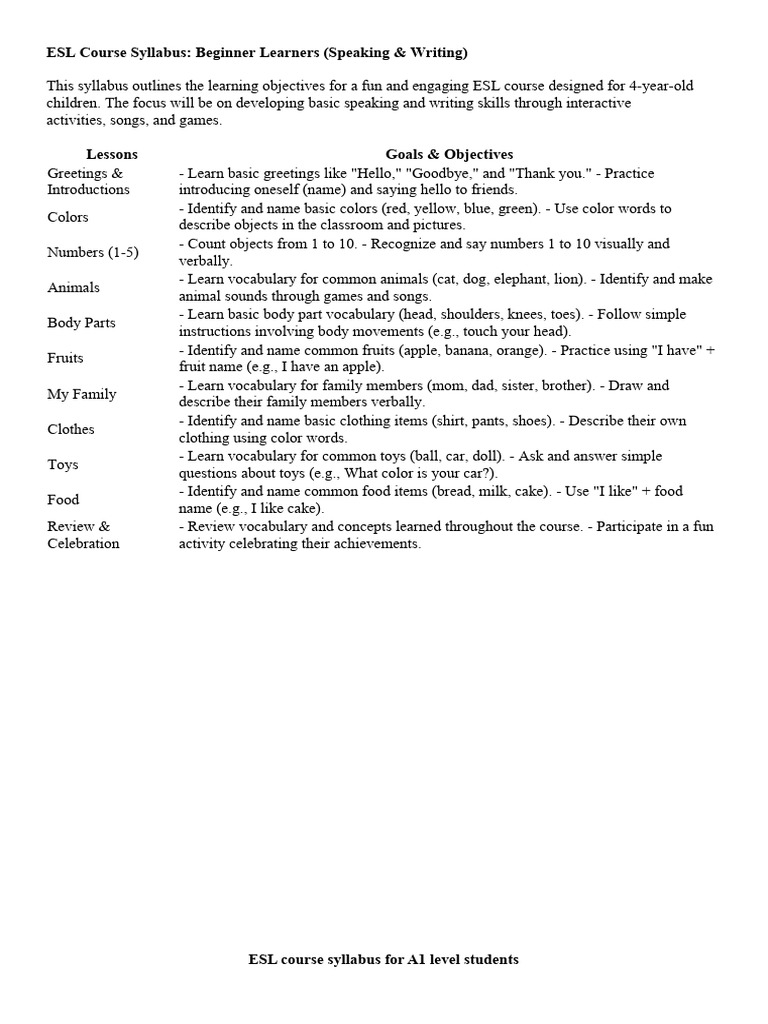 Beginner ESL Syllabus for Kids | PDF | Foreign Language Studies