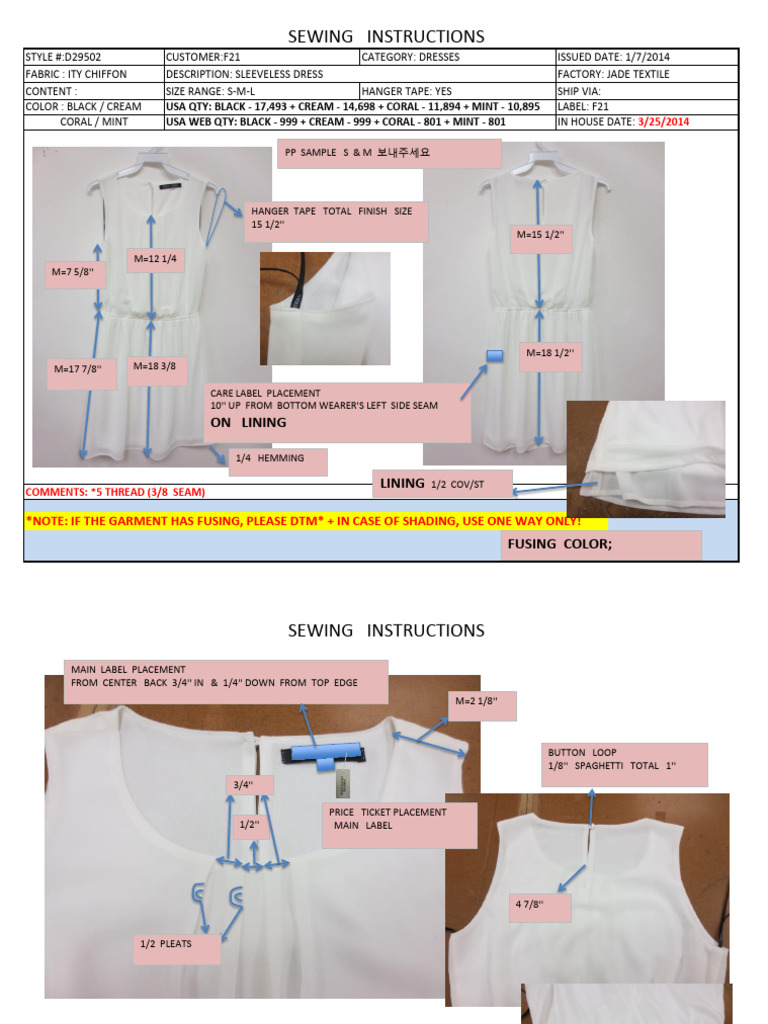 Sewing Instructions for F21 Dresses | PDF | Seam (Sewing) | Sewing