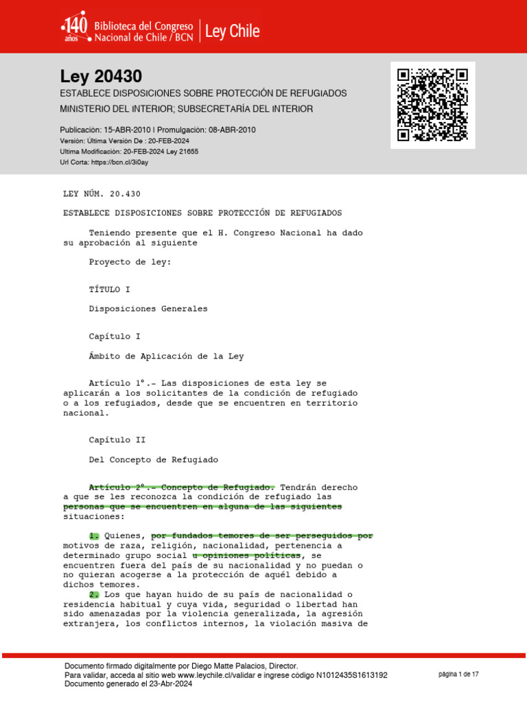 Ley 20430 - 15 ABR 2010 | PDF | Refugiado | Documento de identidad