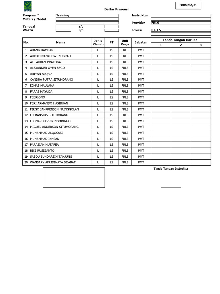 Form Daftar Presensi PMT Iii 2024 | PDF