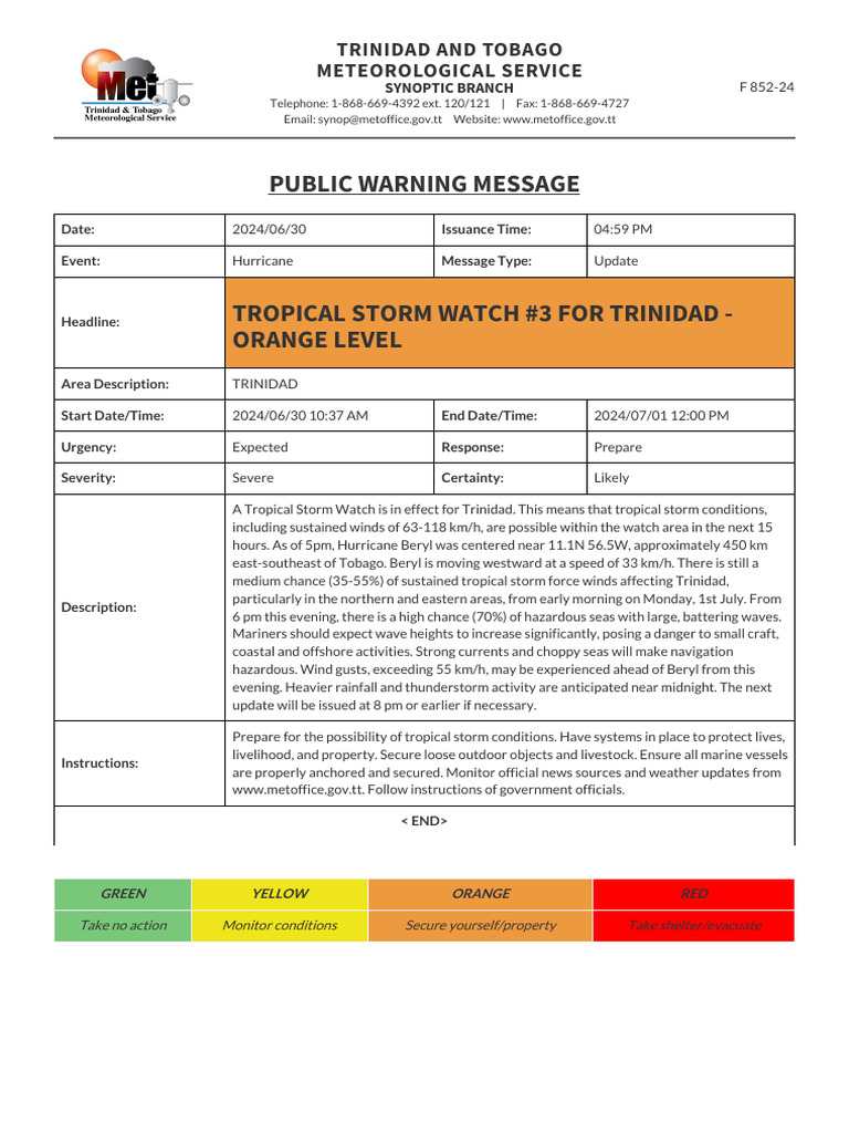 Public Warning Message - Tropical Storm Watch #3 For Trinidad - ORANGE