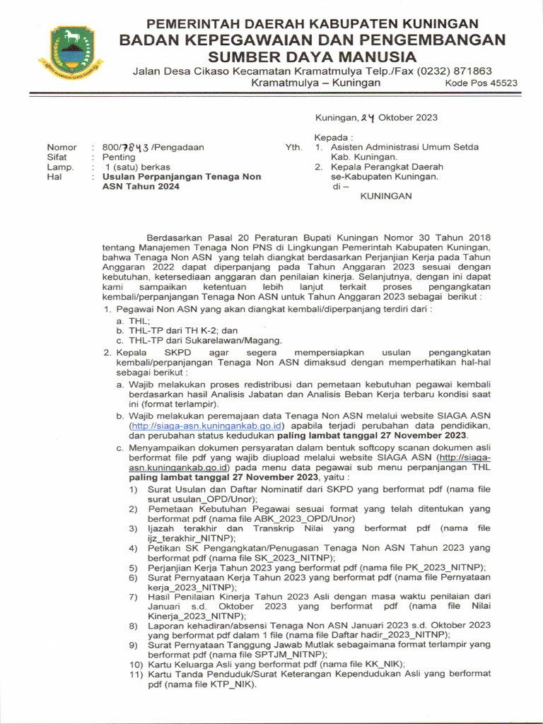 Surat Perpanjangan Tenaga Non Asn Tahun 2024 | PDF