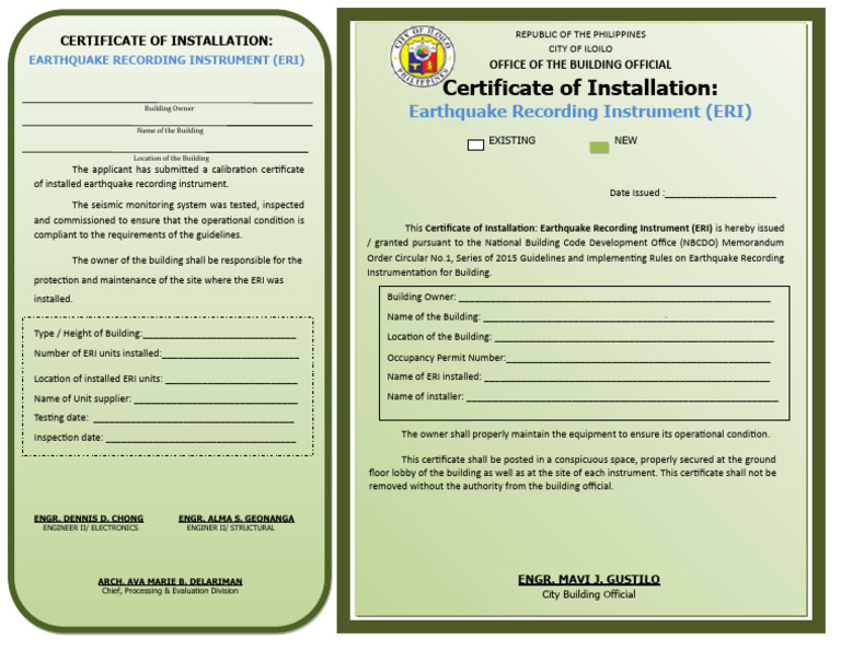 ERI Installation Certification Document | PDF