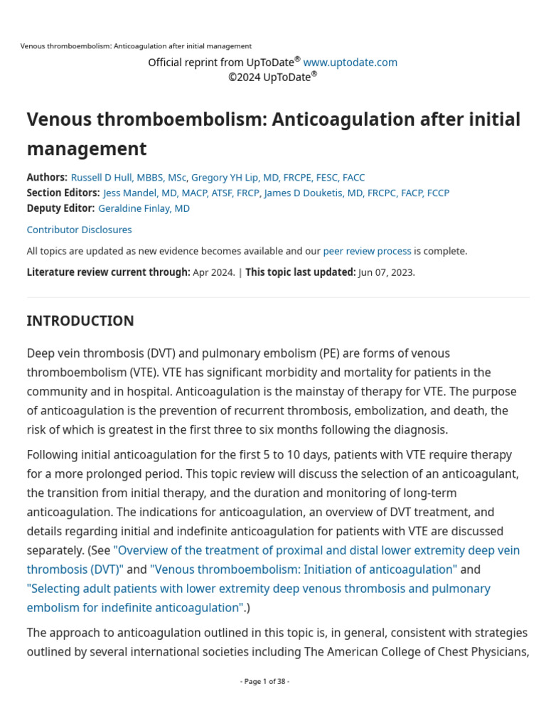 Venous Thromboembolism: Anticoagulation After Initial Management | PDF ...