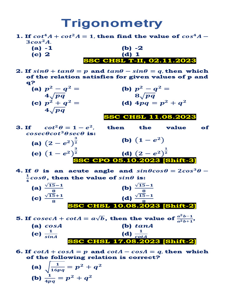 Trigonometry and Geometry Practice Questions | PDF | Circle | Triangle