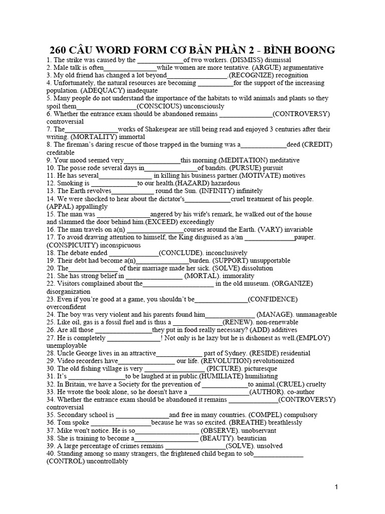 Basic Word Forms: 260 Examples | PDF | Home & Garden