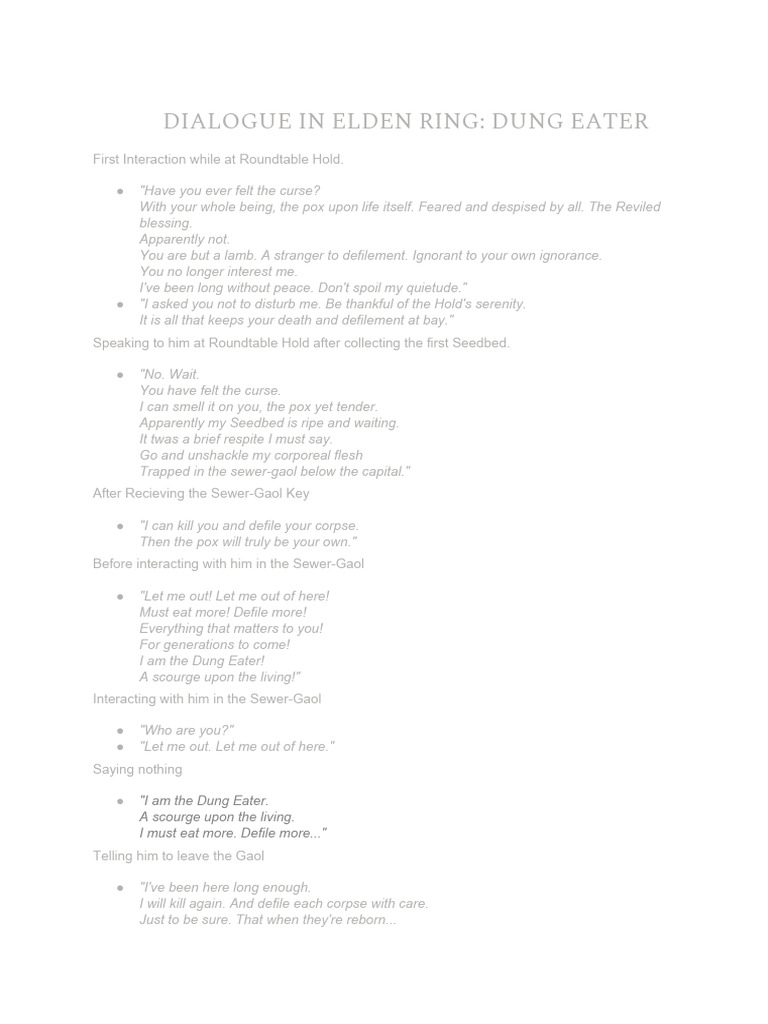 Dung Eater Dialogues and Lore | PDF