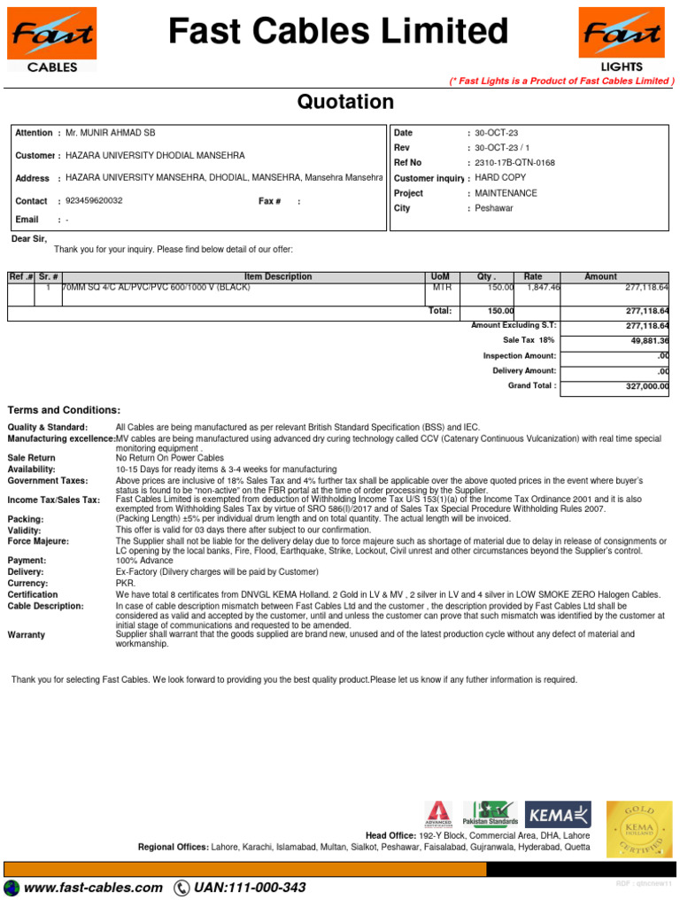 Fast Cables Quotation for Hazara University | PDF | Taxes | Government ...