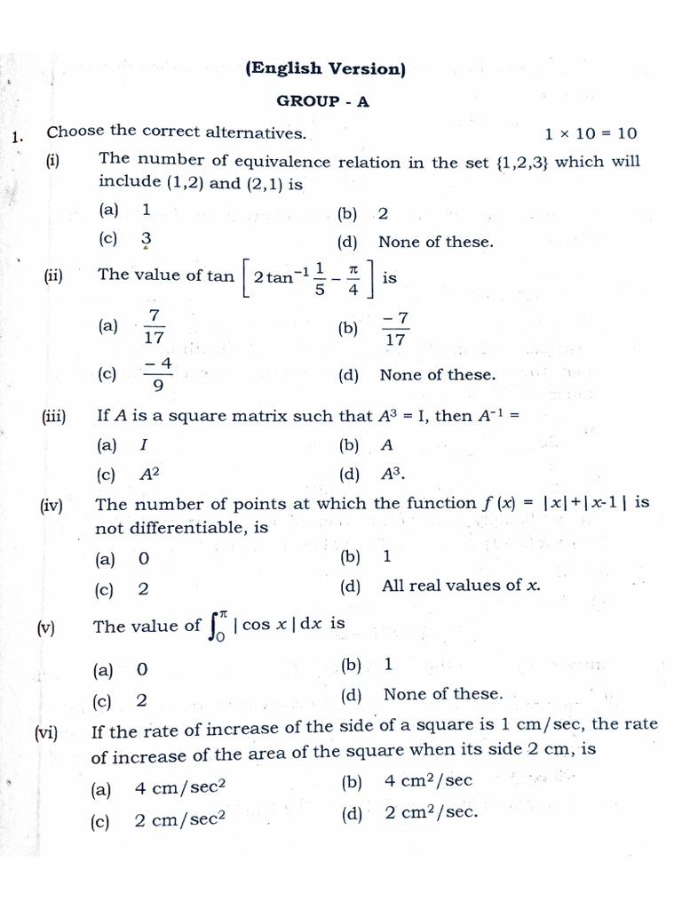 (1.1) Mathematics (H.S Exam, SET - 1) | PDF