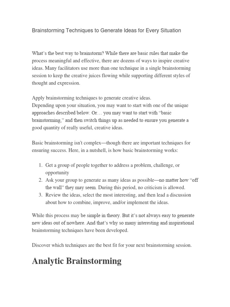 Brainstorming Techniques To Generate Ideas For Every Situation Pdf