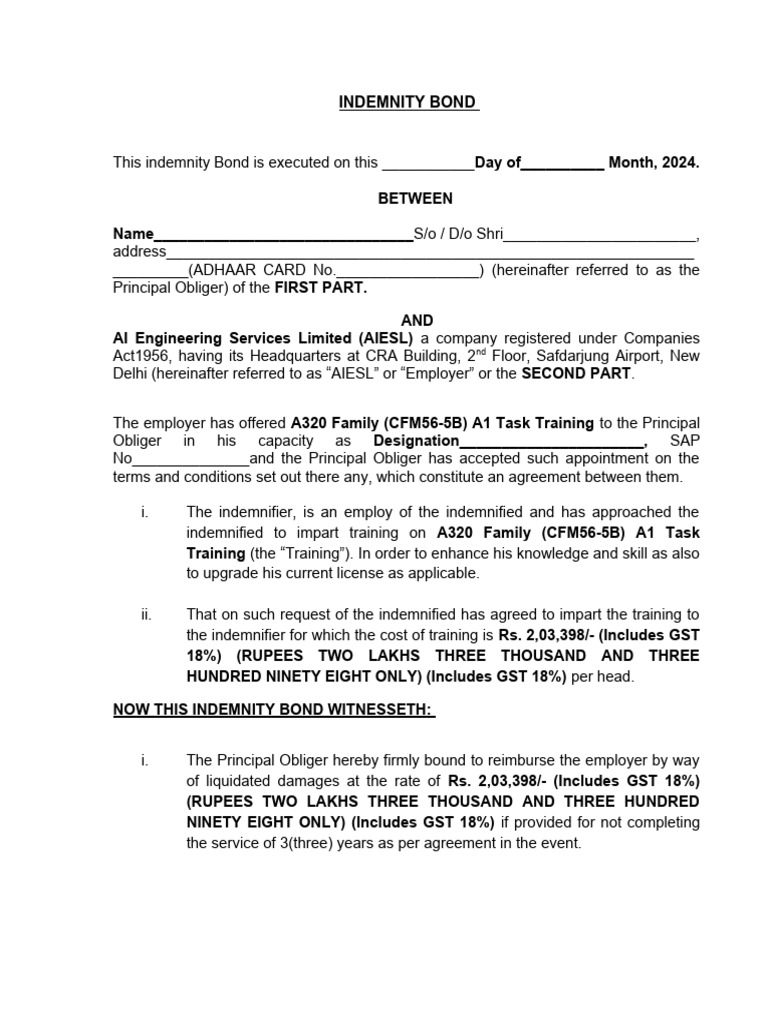 AIESL Indemnity Bond for Training | PDF | Indemnity | Surety