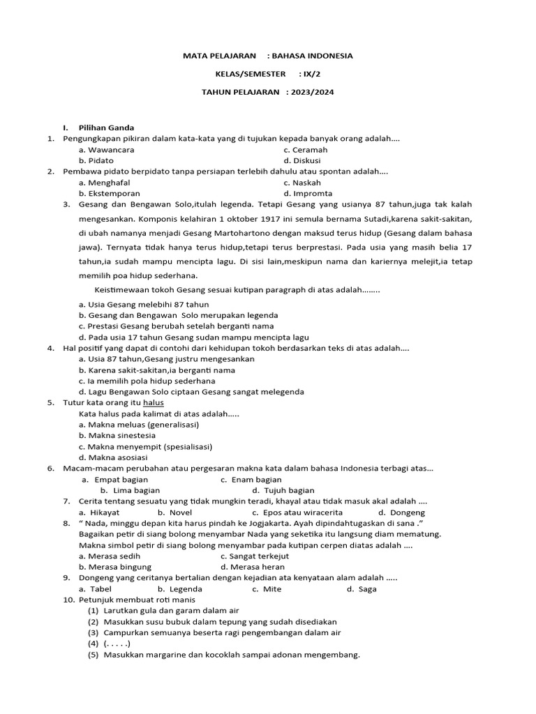 Soal Bahasa Indonesia Kelas IX Semester 2 | PDF | Seni & Disiplin ...
