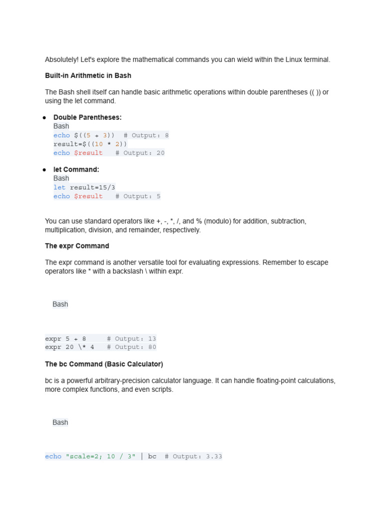 Linux Terminal Arithmetic Commands Guide | PDF | Computers