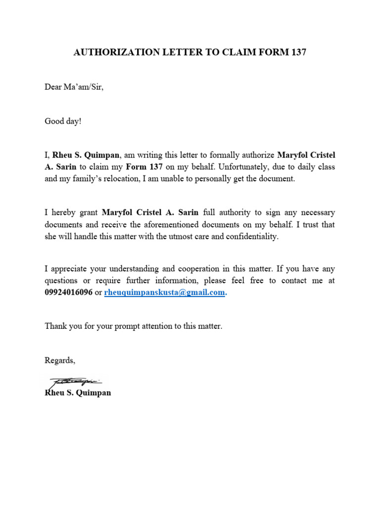 Authorization letter form 137 pdf