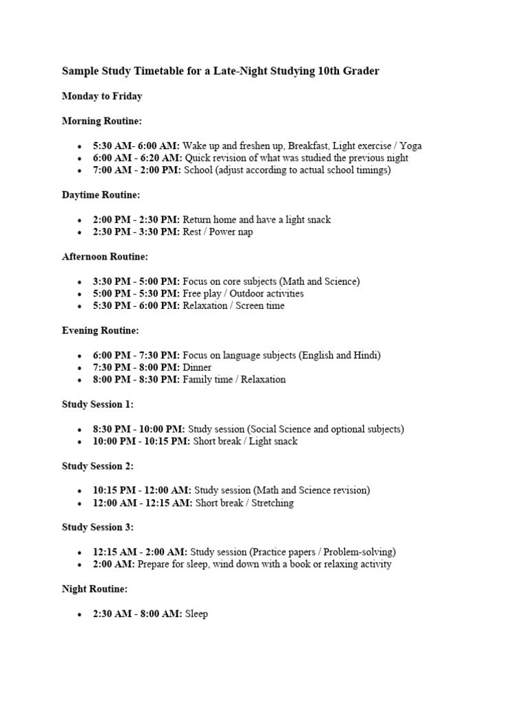 Sample study timetable for a late pdf sleep