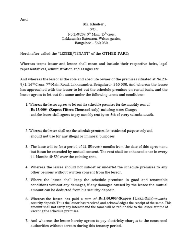 Demo Agreement Format | PDF | Lease | Contract Law