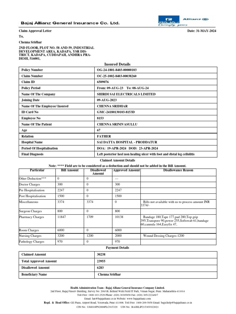 Claim Approval Letter for Medical Expenses | PDF | Hospital | Health Care