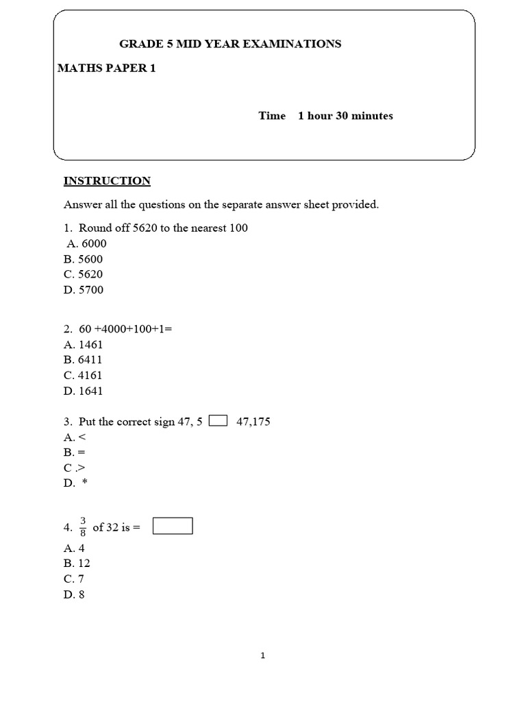 Grade 5 Maths Paper 1 Exam | PDF | Area | Elementary Geometry