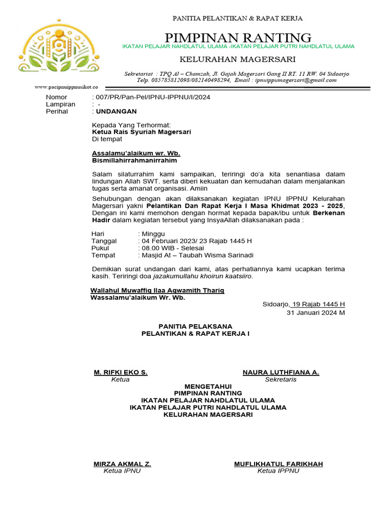 Undangan Pelantikan IPNU IPPNU Magersari | PDF