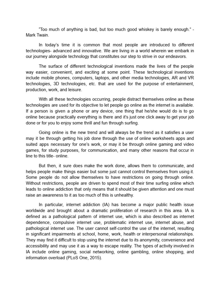 Position Paper For Online Addiction - EJ | PDF | Internet | Psychology