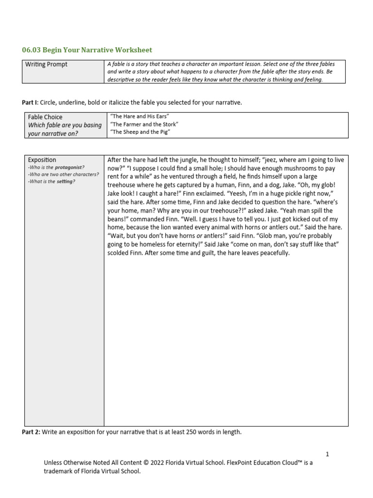 Fable Narrative Development Worksheet | PDF | Narrative
