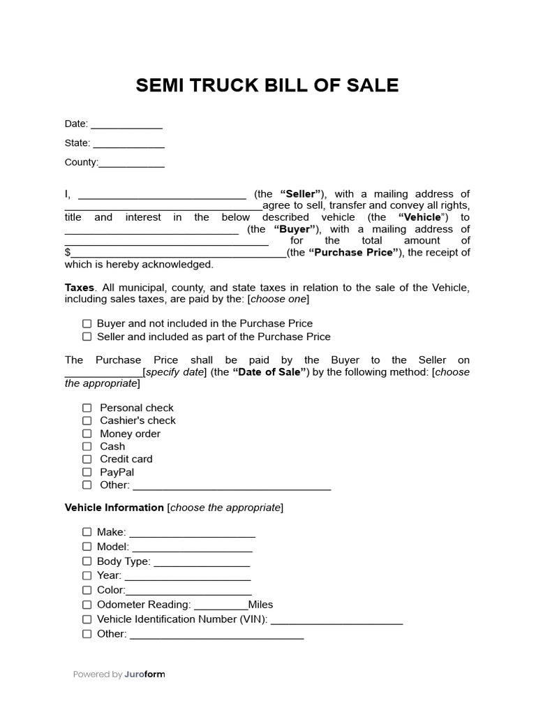 SEMI TRUCK BILL OF SALE PDF Money Order