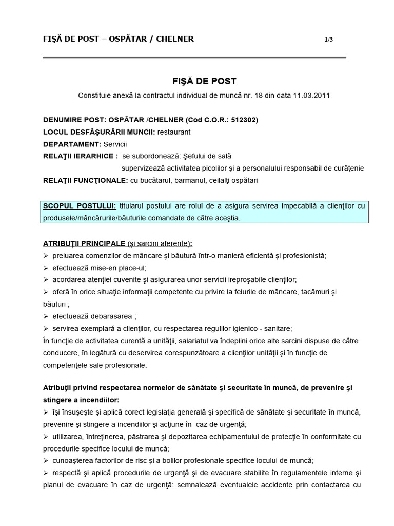Fisa Postului Ospatar (Chelner) | PDF