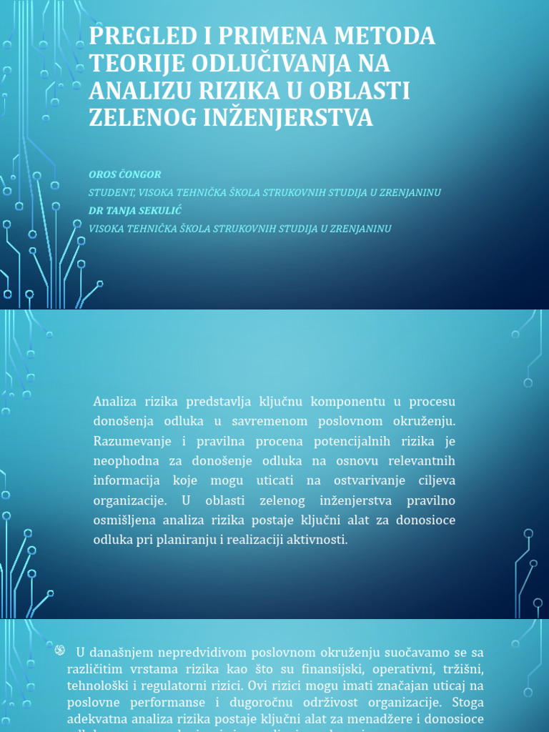 Pregled I Primena Metoda Teorije Odlučivanja Na Analizu Rizika ...