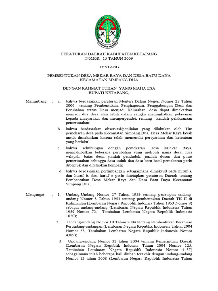 Pembentukan Desa Mekar Raya Dan Desa Batu Daya Kecamatan Simpang Dua Pdf