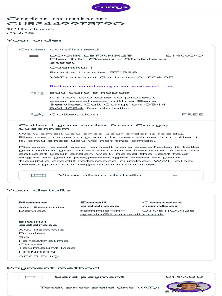 Currys Order Confirmation for LOGIK Oven | PDF