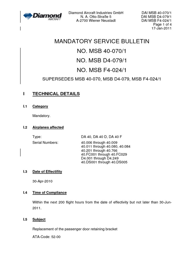 Mandatory Service Bulletin for DA 40 Series | PDF | Screw | Aviation