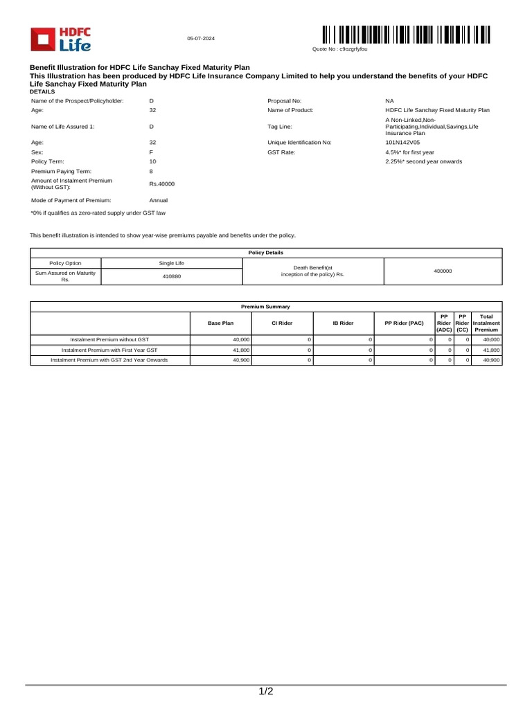 HDFC Life Sanchay Plan Benefit Illustration | PDF | Insurance | Life ...