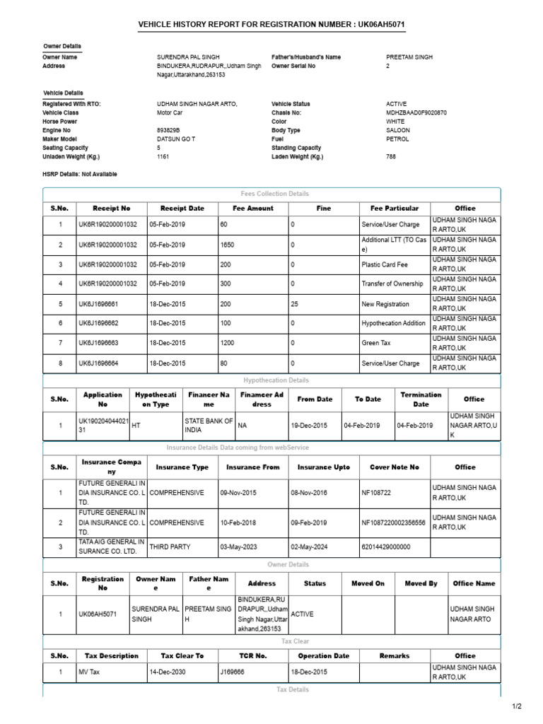 Vehicle History Report For Registration Number Uk06Ah5071 Fees