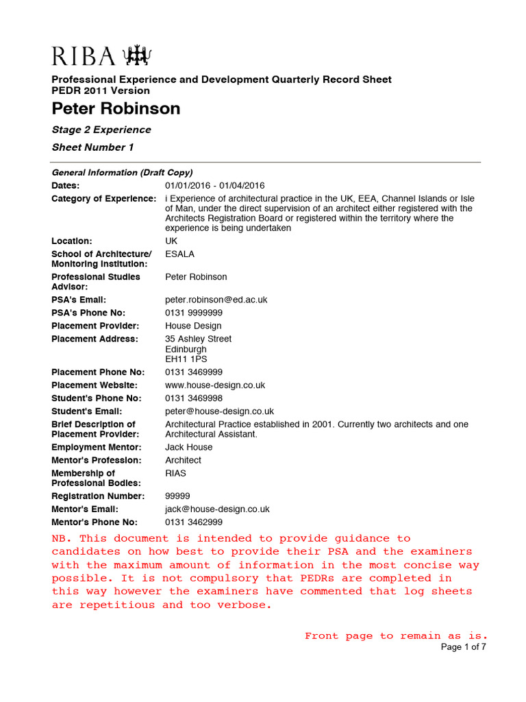 PEDR Record Sheet for Peter Robinson | PDF | Architect