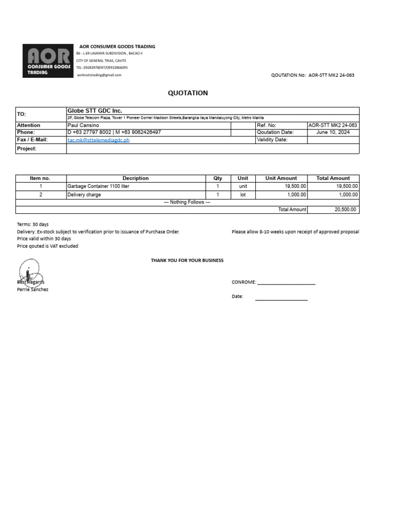 AOR Quotation for Garbage Container | PDF | Business