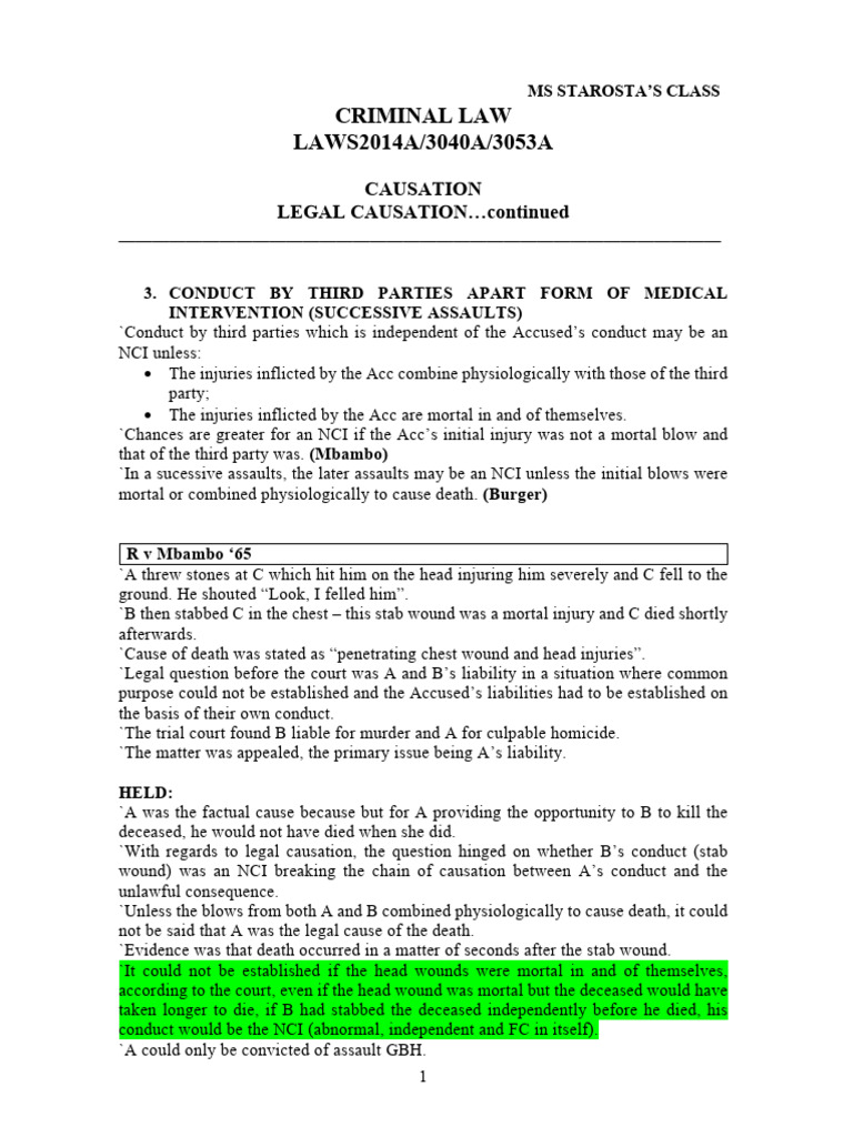 Criminal Law Causation Notes Part 3 | PDF | Causation (Law) | Common Law