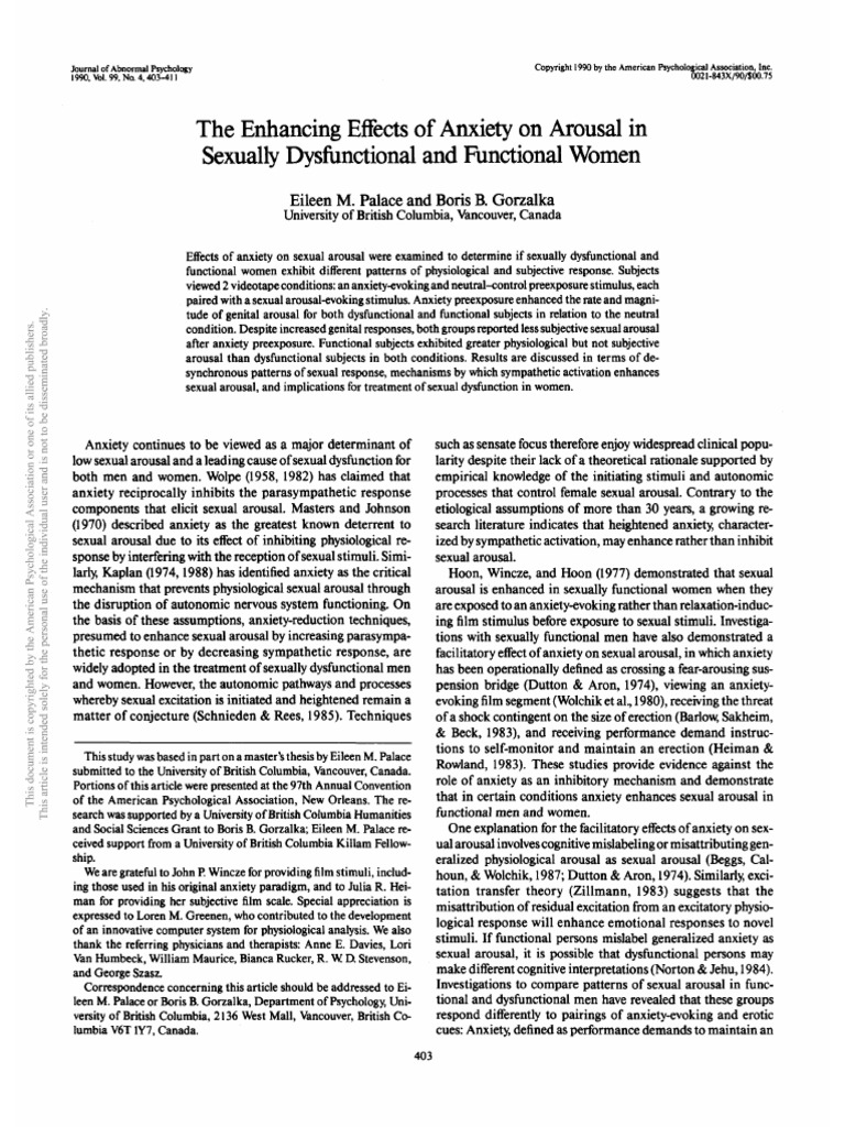 The Enhancing Effects of Anxiety On Arousal in Sexually Dysfunctional ...