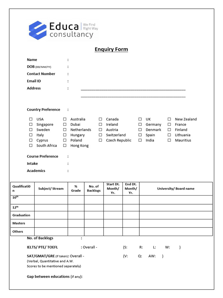 Student Enquiry Form Educa Pdf