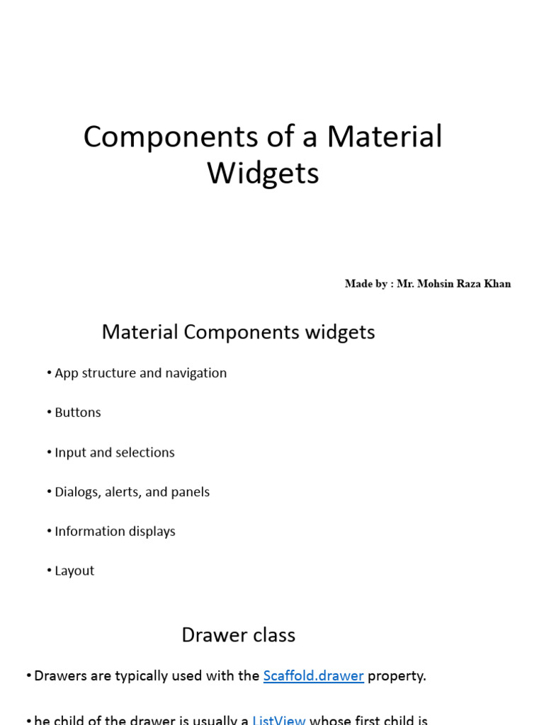 Flutter Material Widgets Overview | PDF | Button (Computing) | Software