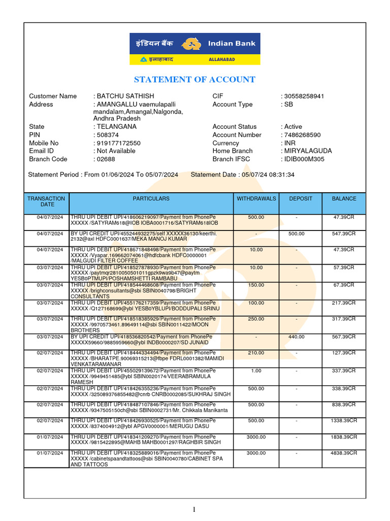 UPI Transaction Statement for Batchu Sathish | PDF | Debit Card | Payments