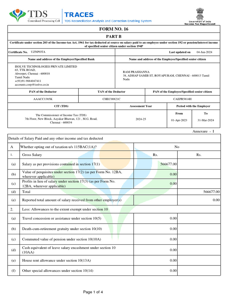 Form 16 | PDF | Tax Deduction | Salary