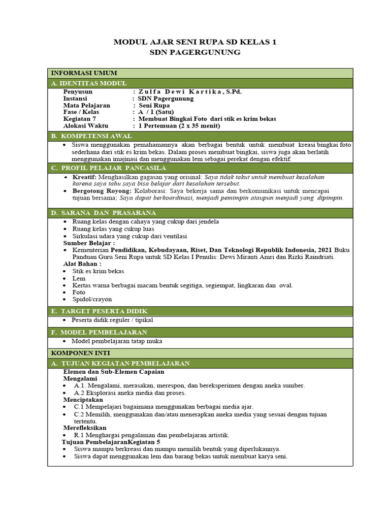 Modul Ajar Seni Rupa Kelas 1 SD | PDF | Karier & Perkembangan