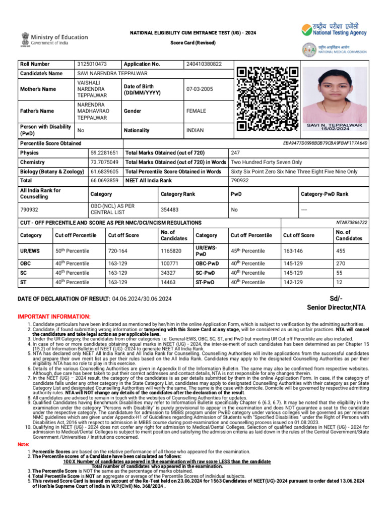 NEET UG 2024 Revised Score Card | PDF