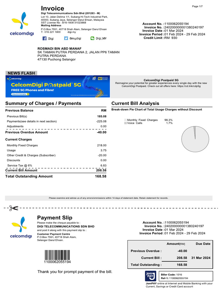 CelcomDigi Postpaid 5G Invoice Summary | PDF | Cheque | Credit Card