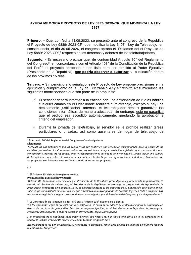 Ayuda Memoria Del Proyecto de Ley Que Modifica La Ley Del Teletrajo ...