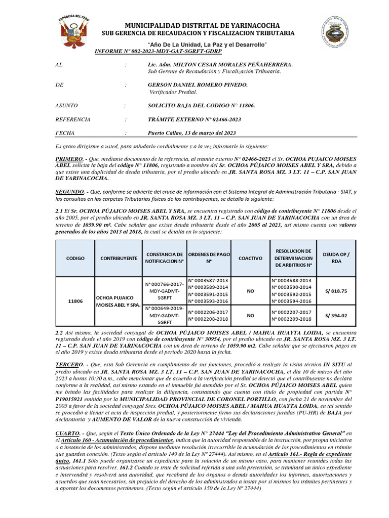 INFORME N°002 MOISES Baja y Aument. Valor (T.E #02466-2023) | PDF ...