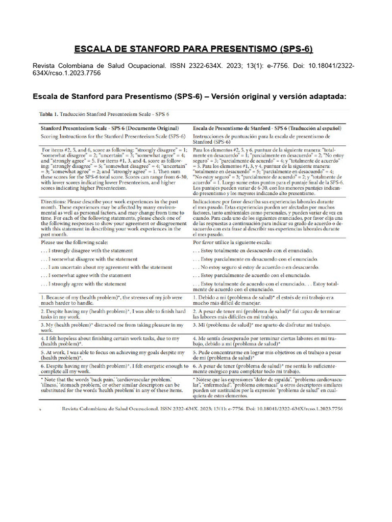 Escala SPS-6 para Medir Presentismo | PDF | Sicología